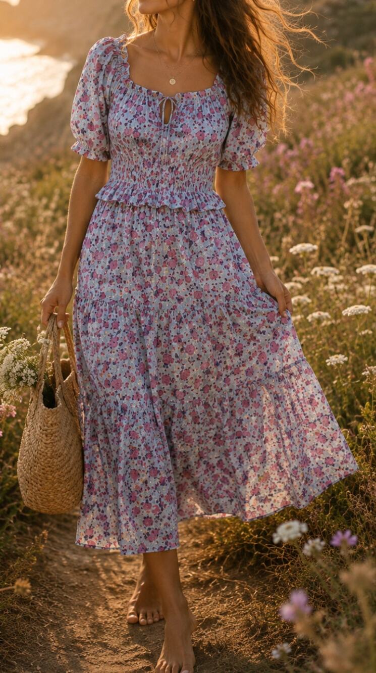 Citrus Blue Floral Cotton Maxi Dress Puff Sleeve Cottagecore Prairie Small